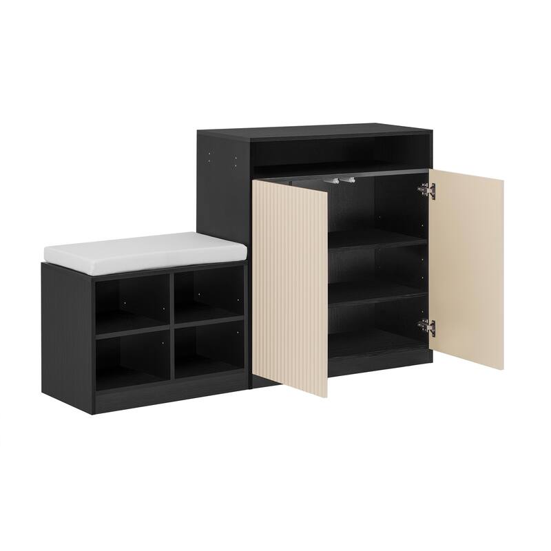 Shoe Cabinet with Bench, Doors & Adjustable Shelves, Entryway Bench with Open Shoe Racks, Storage Console Table with Hooks