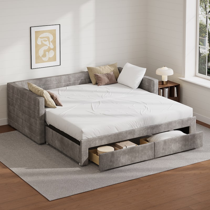 Tufted Upholstered Daybed with Pull-Out Expansion & 2 Hidden Drawers by Harper&Bright Designs - Grey