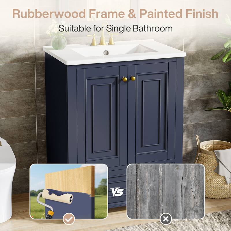 Solid Wood Modern Bathroom Vanity with Ceramic Sink, Adjustable Shelf Storage