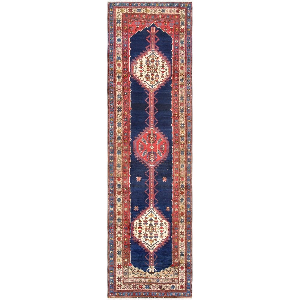 Pasargad Home Vintage Azerbaijan Lamb's Wool Navy Area Rug - 3' 1'' X 11' 5''
