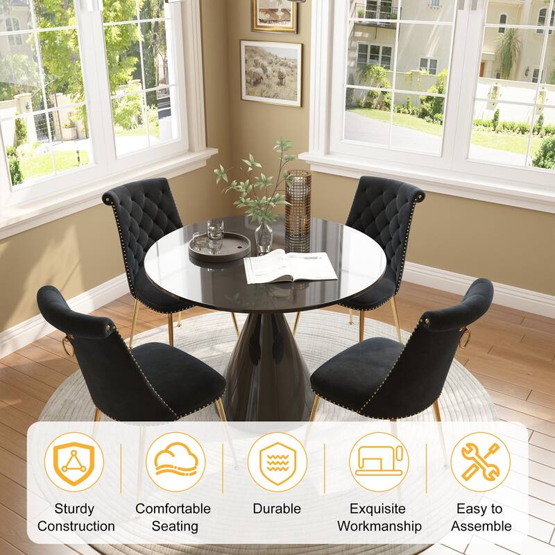 48" Light Luxury Black High Gloss Large Countertop Dining Table with Velvet Dining Chair Set