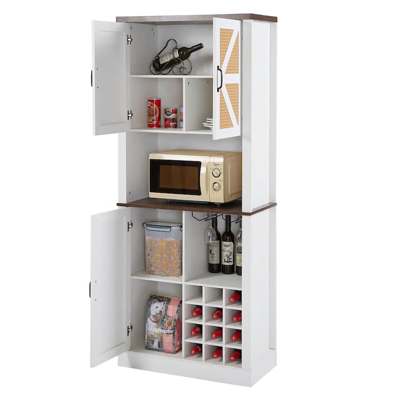 Kitchen Storage Cabinet with Wine Compartments and Microwave Shelves
