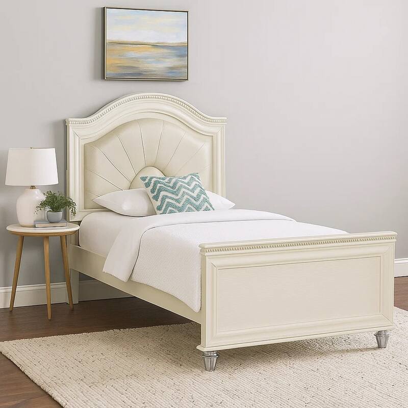 Jisoo Full Size Bed, Pearl White Upholstery, Radial Arch Headboard