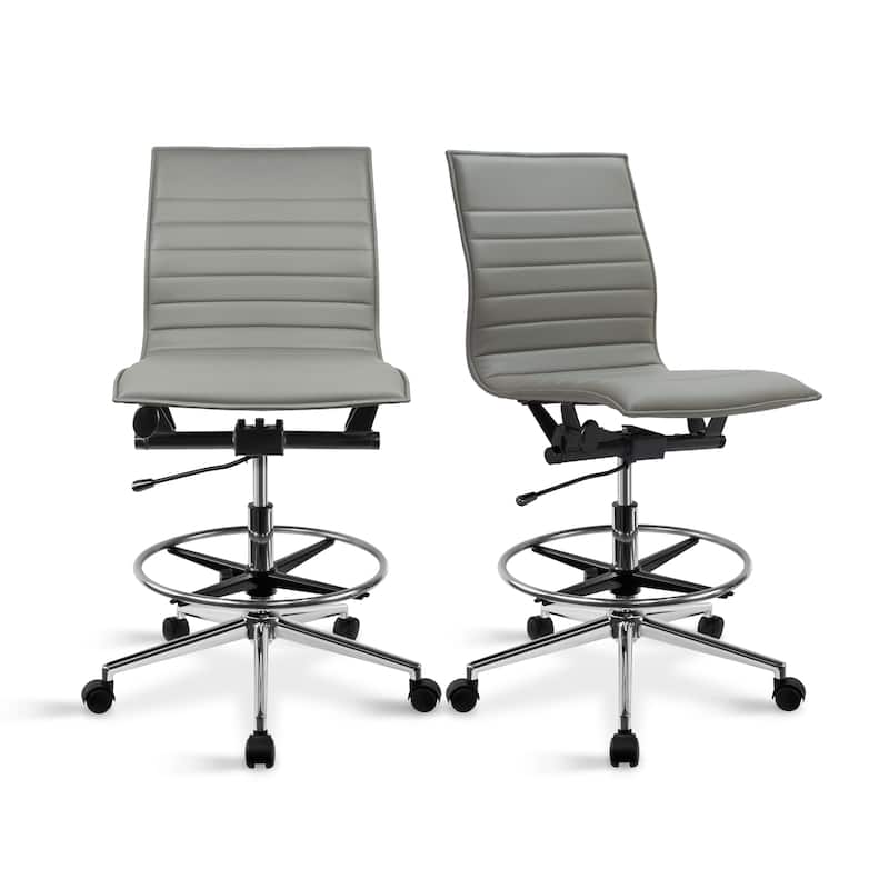 Set of 2 Modern Drafting Chair Upholstered PU Leather Ribbed Armless Mid Back with High Adjustable Base & Leg Rest - Grey