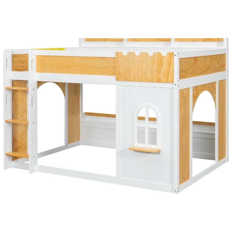 Roomfitters Twin Over Twin/Full Over Full Bunk Bed with Window, Two Doors and Storage Shelves, Natural and White