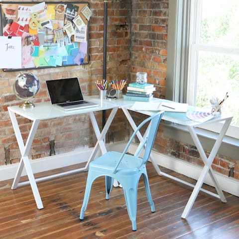 Middlebrook Hardy X-frame Metal and Glass Corner Computer Desk - White