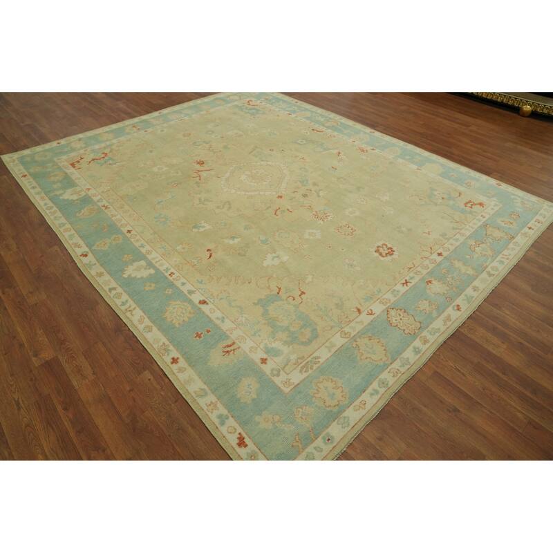 Handmade Wool Oushak Turkish Area Rug, Floral Geometric Carpet - 9' 10'' X 8' 0''