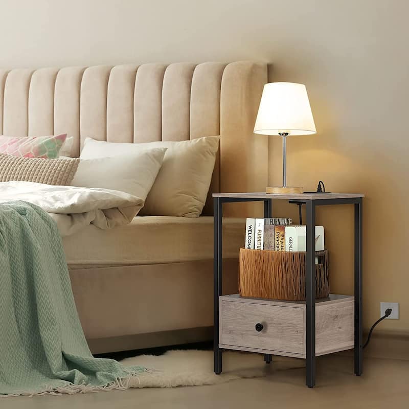 2 PCS Side Table with Charging Station with USB Ports & Power Outlets