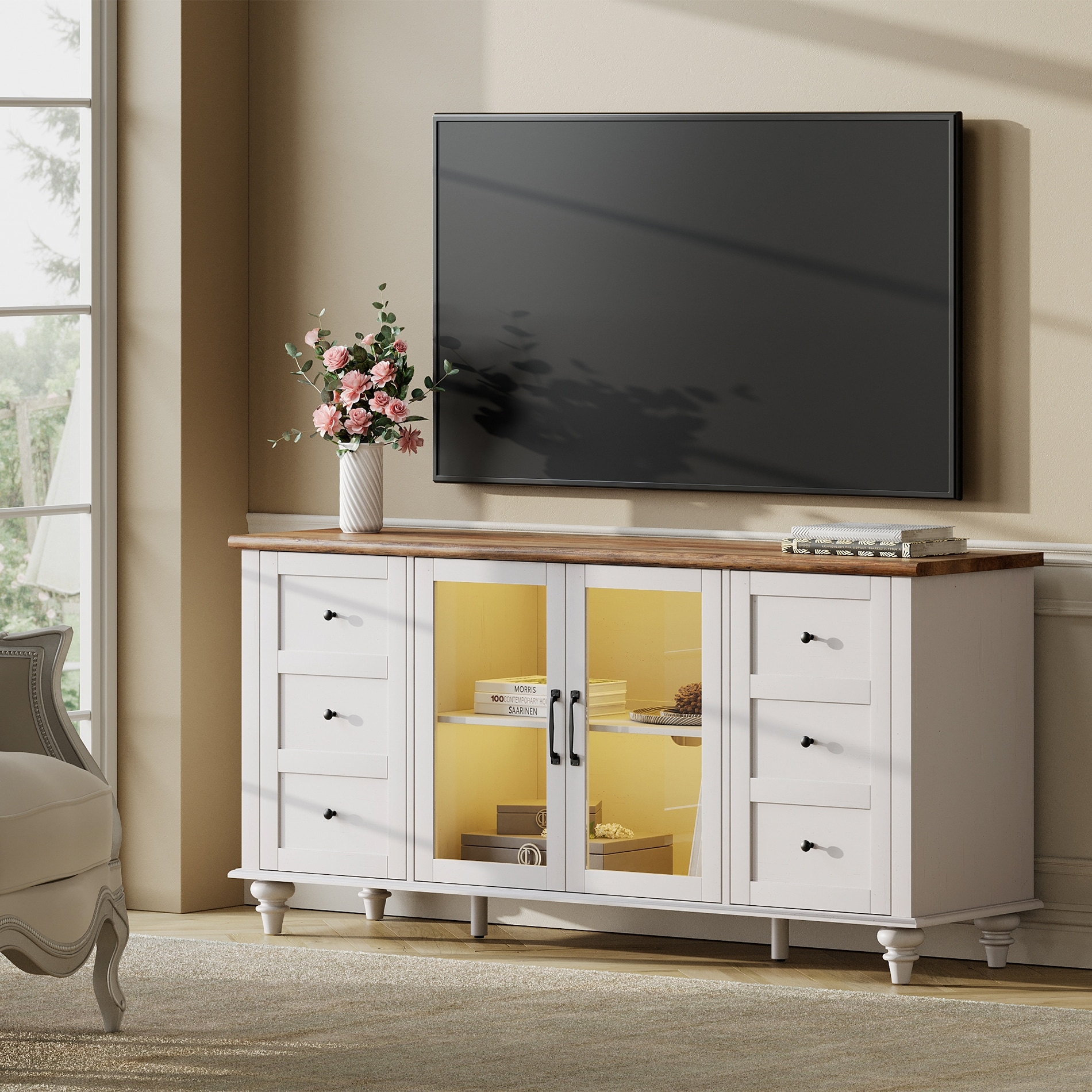 WAMPAT Farmhouse TV Stand with Storage Cabinet Glass and