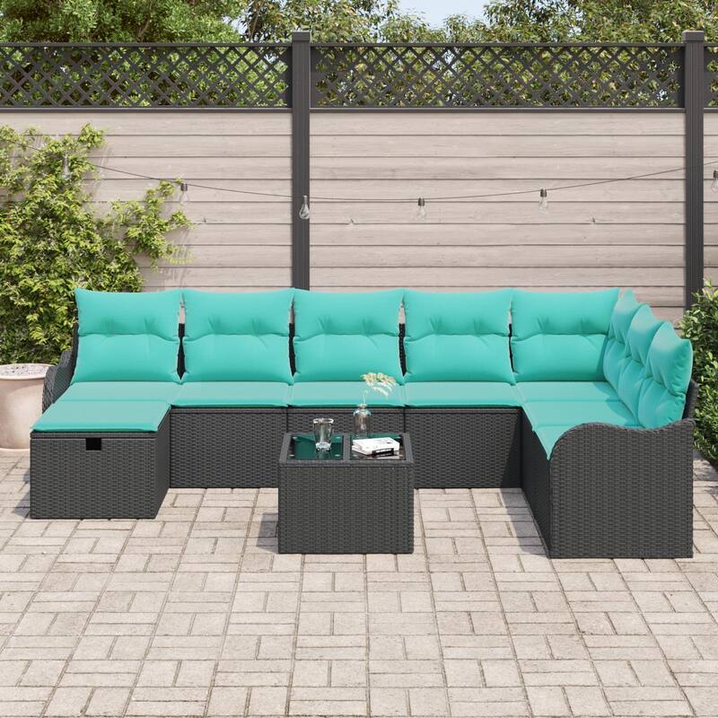 vidaXL 8/9 Piece Garden Sofa Set with Cushions Black Poly Rattan - 113.2×69.9×27.2