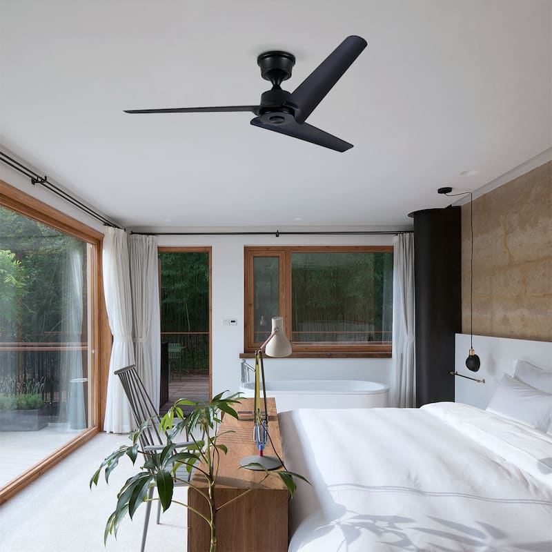 52 inch Black Flush Mount Ceiling Fan with Remote, No Light, DC Motor - Black