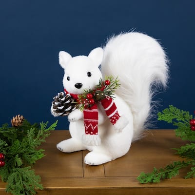 Winter Squirrel with Pinecone and Bell Christmas Figurine - 9" - White