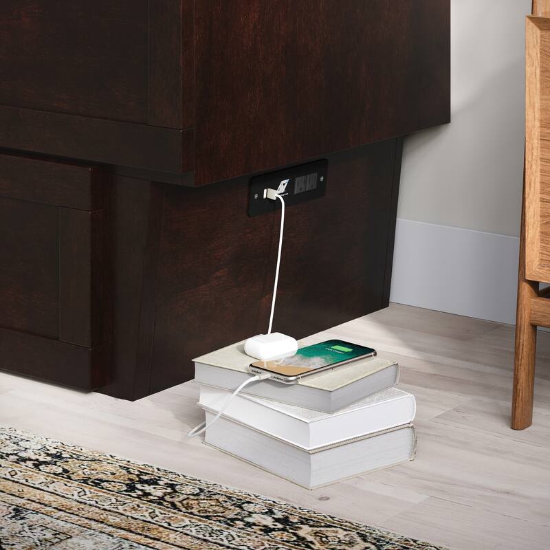 Chelsea Queen Murphy Bed Chest with 6" Mattress, Storage Drawer & Built-In Charger in Espresso