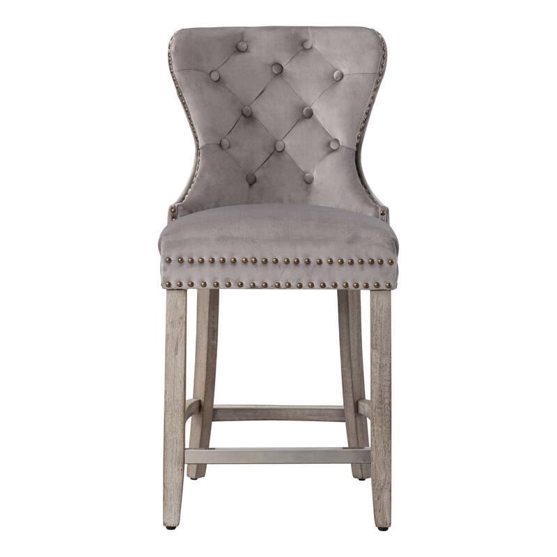 Carter 29" Wingback Tufted Nailhead Bar Stool with Antique Grey Legs