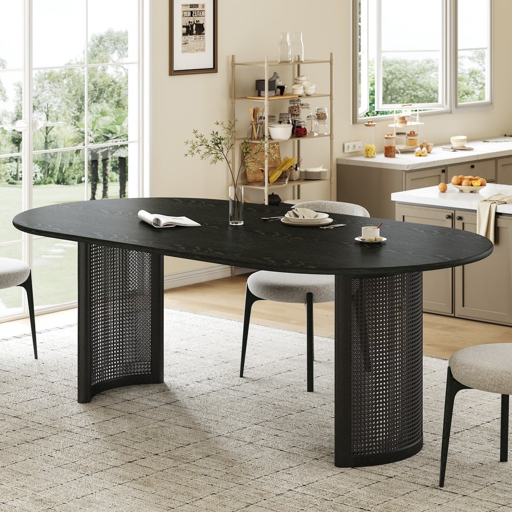 Oval Dining Table with Arc-Shaped Edge Top and Rattan Woven Base Modern Farmhouse Kitchen Table for Living Room Dining Room