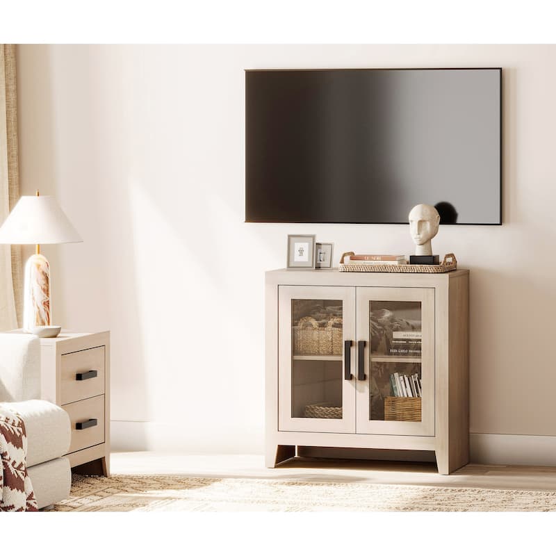 WAMPAT Modern Farmhouse TV Stand, Entertainment Center with Tempered Glass Doors & Adjustable Shelves