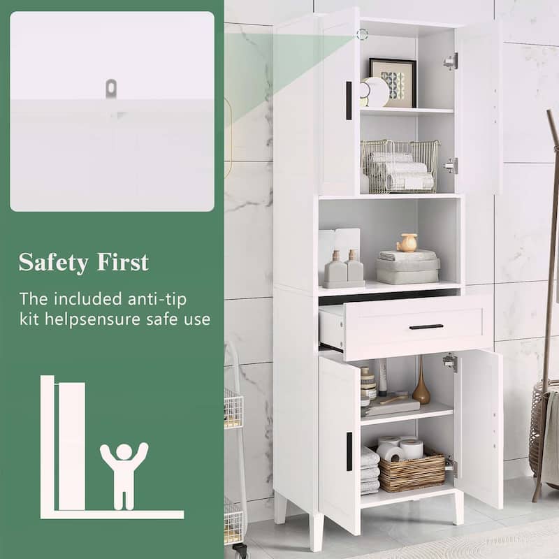 Freestanding Tall Cabinet with Drawer,2 Cabinets,4 Soft-Close Doors,and Adjustable Shelves for Versatile Storage