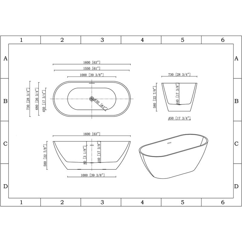 KBV 63'' x 29" Freestanding Soaking Acrylic Bathtub GTBT0015 - 63"
