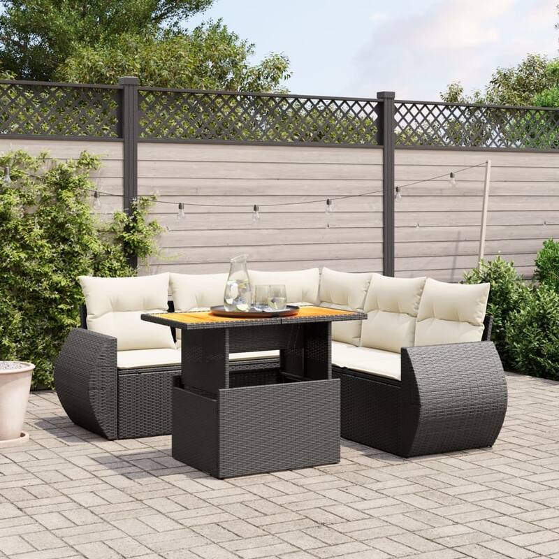 vidaXL Patio Sofa Set with Cushions Table and Modular Sofas 6 Piece Poly Rattan - 21.7 x 39.4 x 28.7 - Black  - form2