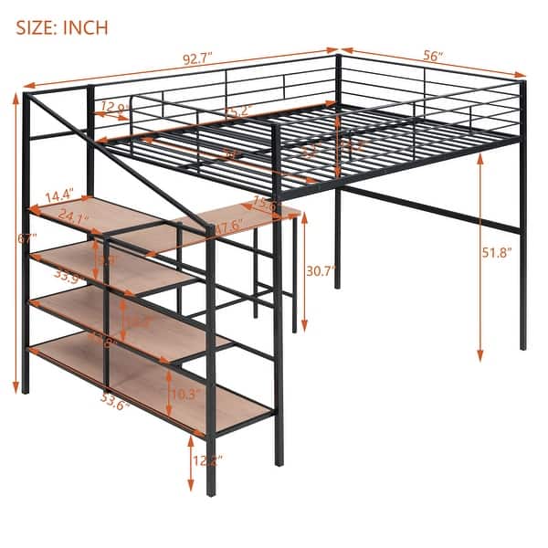 dimension image slide 1 of 2, Metal Kids Loft Bed Frame, Under Bed with Desk and Storage Shelves, Lateral Storage Ladder & Slatted Guardrails