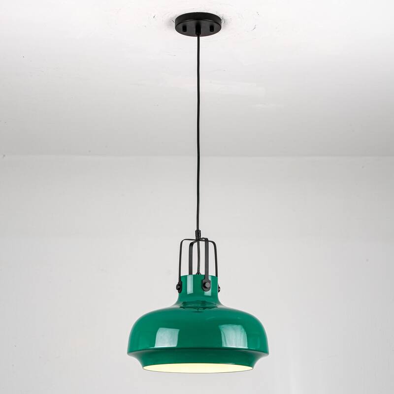 1-Light Farmhouse Industrial Green Dome Adjustable Pendant Hanging Light with Matte Black Hardware for Kitchen Island - Black/Green/White - 13.8 in. W x 13.8 in. H x 13.8 in. D