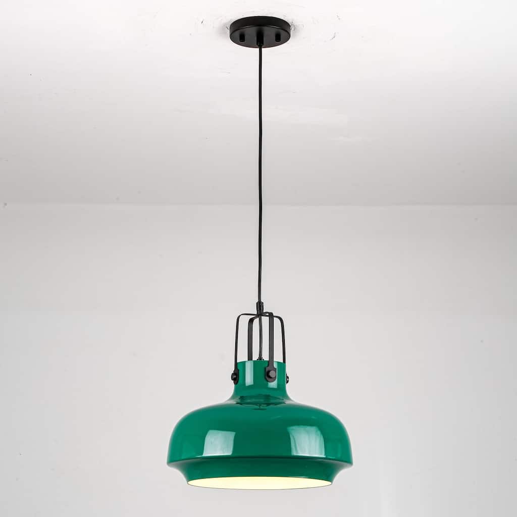 1-Light Farmhouse Industrial Green Dome Adjustable Pendant Hanging Light with Matte Black Hardware for Kitchen Island