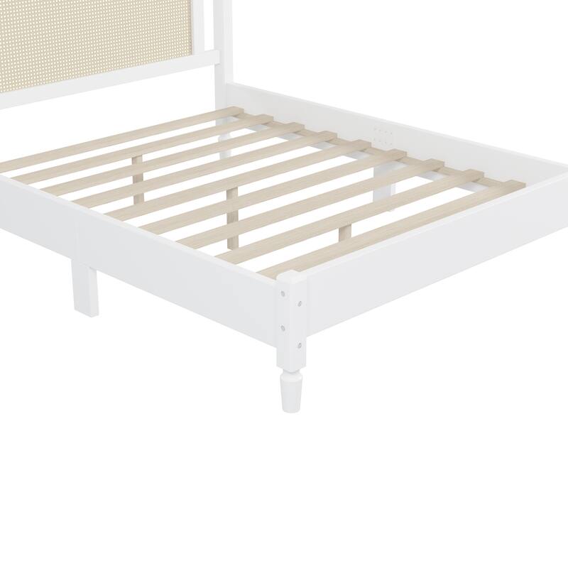 Wooden Platform Bed with Rattan Headboard Curved Wingback Bed Vintage Bed Frame Wood Slat Support Bed with Underbed Storage