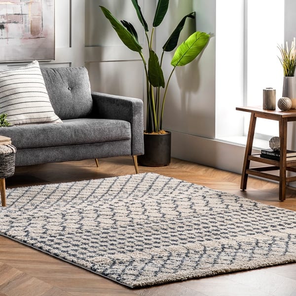 slide 2 of 39, Nuloom Beige Geometric Moroccan Trellis Shag Rug 5' Square - Beige - Square