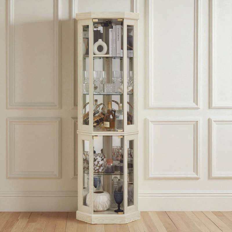 Lighted Corner Curio Cabinet with Glass Doors, Adjustable Shelves & Mirrored Back, Elegant Display Case for Collectibles - White