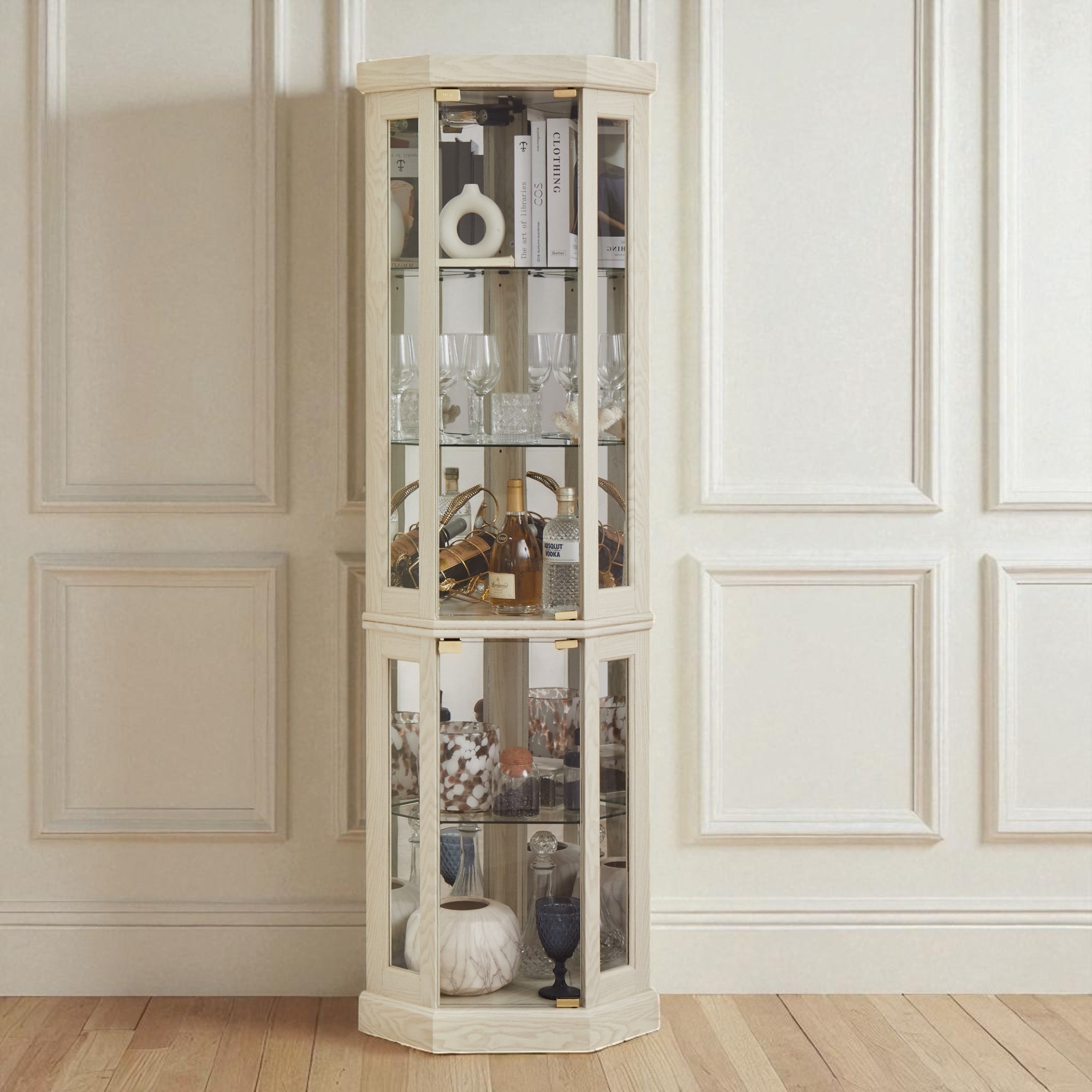 Lighted Corner Curio Cabinet with Glass Doors, Adjustable Shelves & Mirrored Back, Elegant Display Case for Collectibles