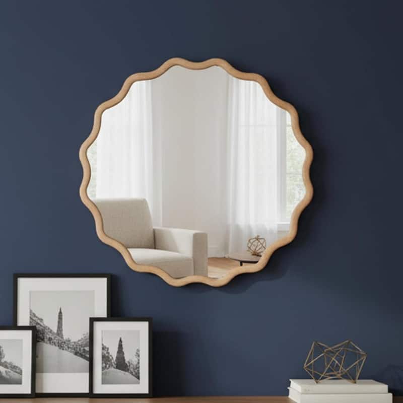 24 inch Wavy Round Solid Wood Frame Decorative Mirror