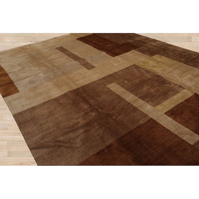 Hand Knotted Beige Tibetan Wool & Silk Modern Oriental Area Rug - 9' x 11' 11''