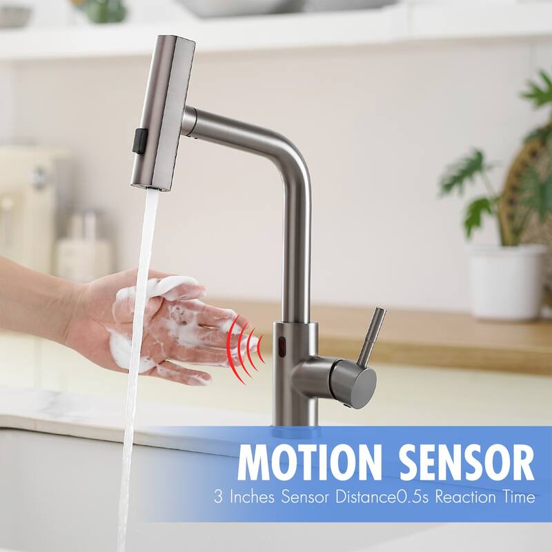 Single Handle 14.5 in. Pull Out Sprayer Touchless Kitchen Faucet with 360° Swivel Spout 1-Hole Basin Sink Tap