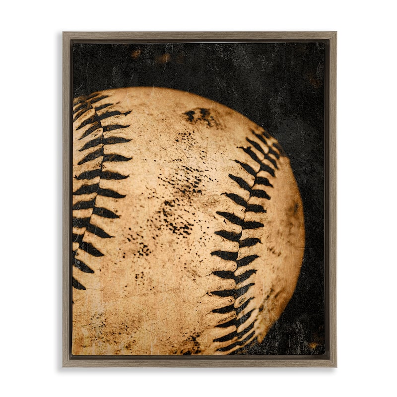 Stupell Vintage Baseball Close Up Framed Floater Canvas Wall Art Design By Kim Allen - 17 x 21 - Brown