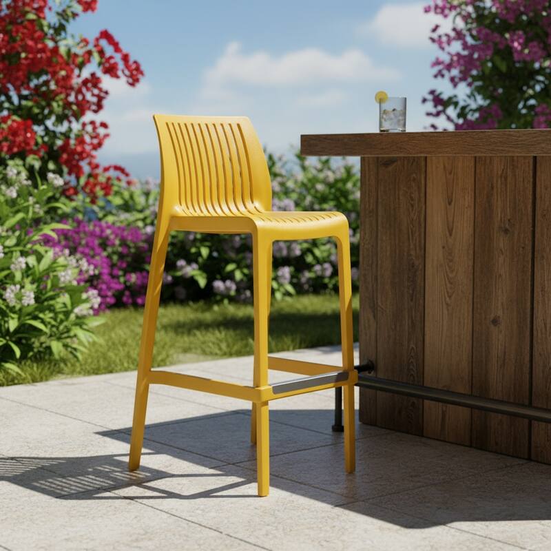 HomeRoots Set of Two 30" Yellow Heavy Duty Plastic Outdoor Bar Height Chairs