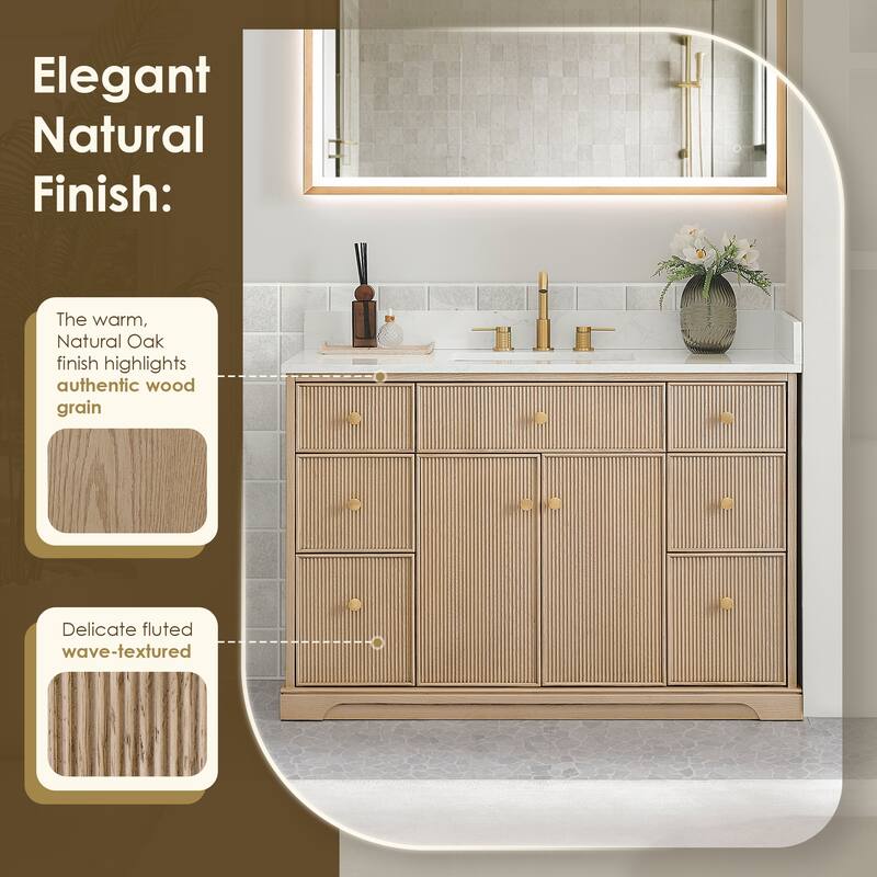 Barnett Bathroom Vanity in Natural Oak with Grain White Engineered Stone Countertop No Mirror