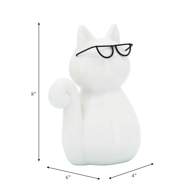 Sagebrook Home Porcelain Cat Statue White Kitty with Glasses Decorative Sculpture
