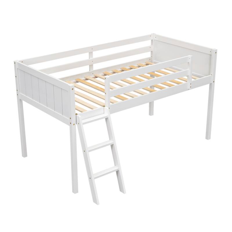 White Twin Size Low Loft Bed with Convertible Ladder, No Box Spring Needed, Easy Assembly
