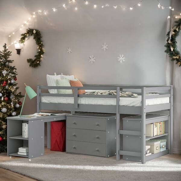 slide 2 of 10, Low Study Twin Loft Bed with Cabinet and Rolling Portable Desk, Grey Grey