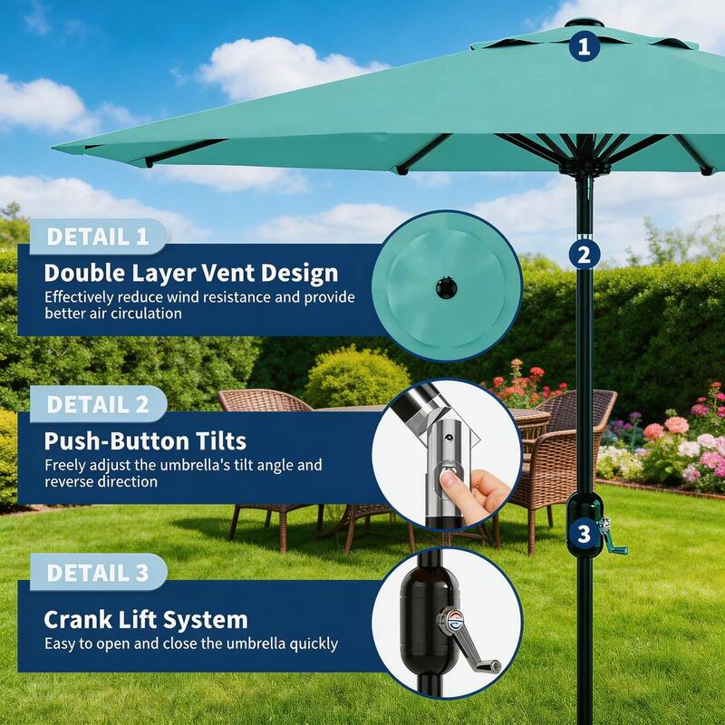 10ft Outdoor Patio Umbrella, with Crank Lift & Push Button Tilt, UV Protection Waterproof