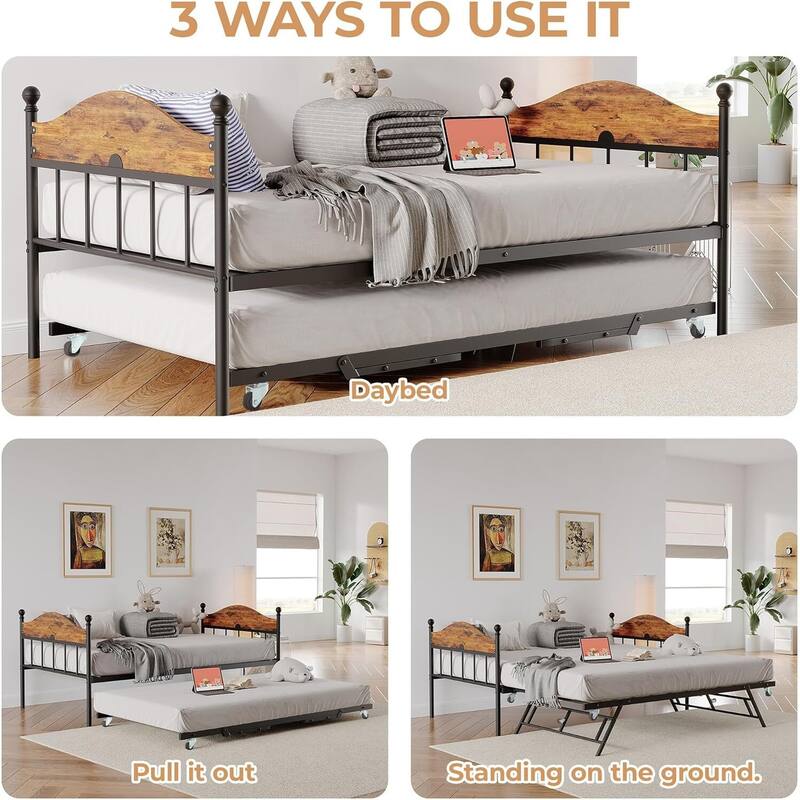 Space-Saving Twin Daybed, Platform Sofa Bed Frame with Foldable Trundle