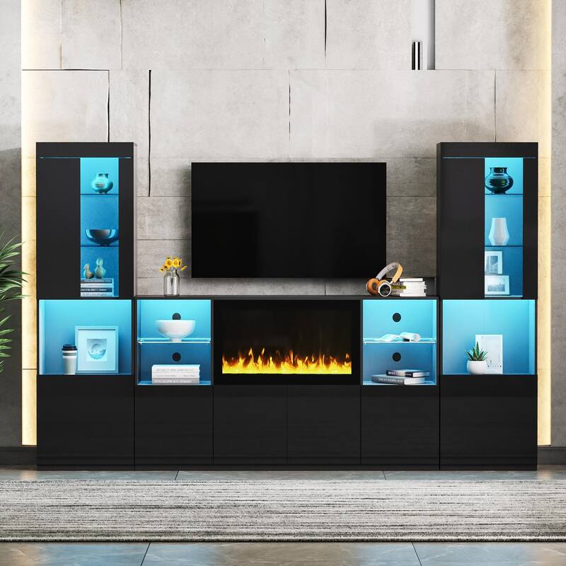 LED High Gloss TV Stand Display Cabinet Set with Glass Shelves, 111" TV Media Storage Console with Electric Fireplace