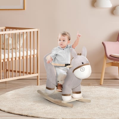 Grey Plush Rocking Horse for Toddlers with Wood Base and Steel Frame Safety Seat Belt Sound - 24" L x 13.5" W x 22.75" H