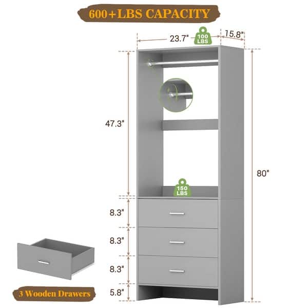 dimension image slide 7 of 19, Cimly Set of 3 Freestanding Corner Closet System, Space-saving Closet Organizer for Walk-in/ Reach-in Closet