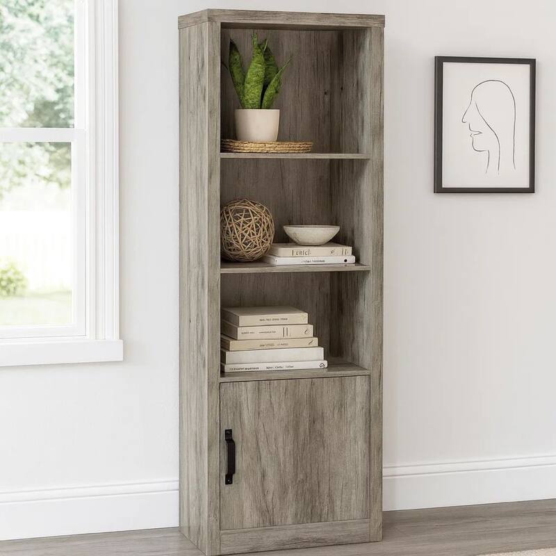 Sac 71 Inch Media Pier Tower with 3 Shelves and Single Cabinet, Gray Wood