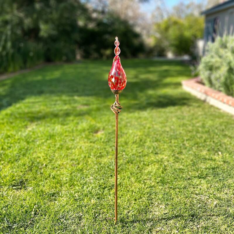 Exhart Solar Pearlized Hand Blown Glass Twisted Flame Garden Stake with Metal Finial Detail, 36 Inch