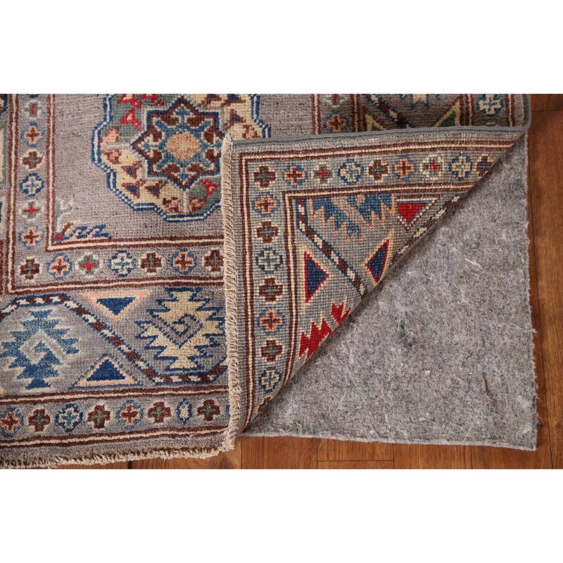 Geometric Kazak Oriental Accent Rug Hand-Knotted Grey Wool Carpet - 2'7"x 4'1"