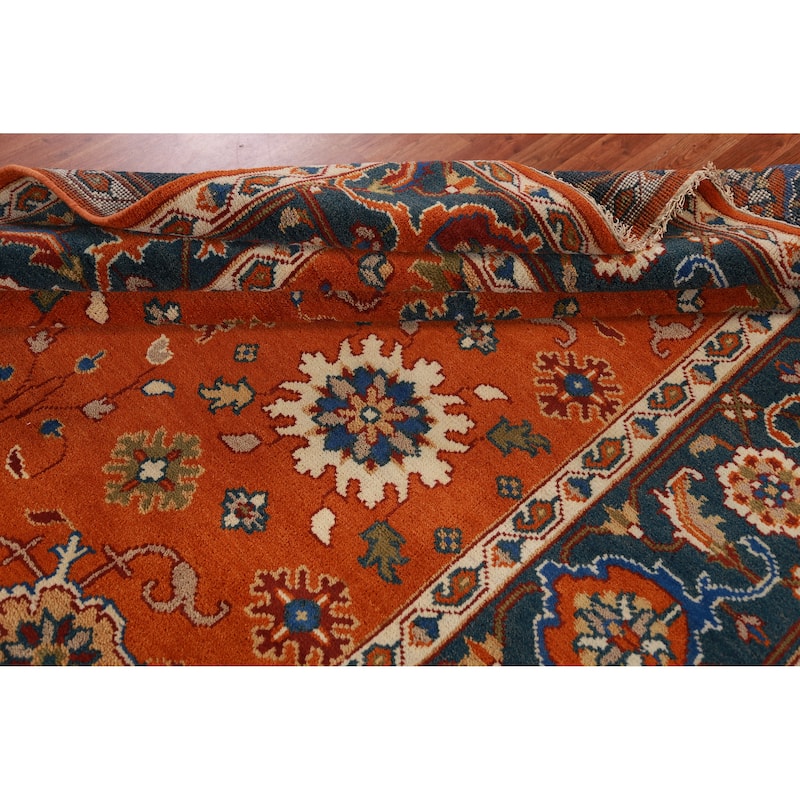 Orange Floral Oushak Indian Area Rug Hand-Knotted Wool Carpet - 7'11" x 9'11"