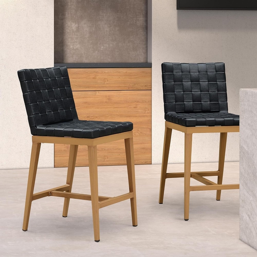 PURPLE LEAF Outdoor Counter Height Bar Stools Set of 2, PU Leather Patio Bar Set with Aluminum Frame