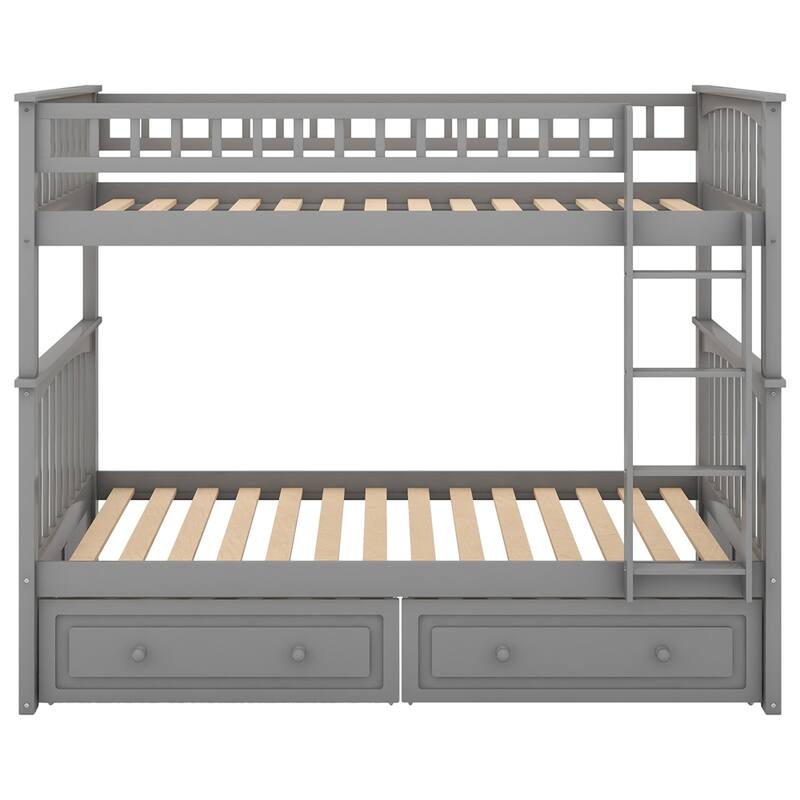 Twin Over Twin Wood Bunk Bed with Drawers and Guardrail